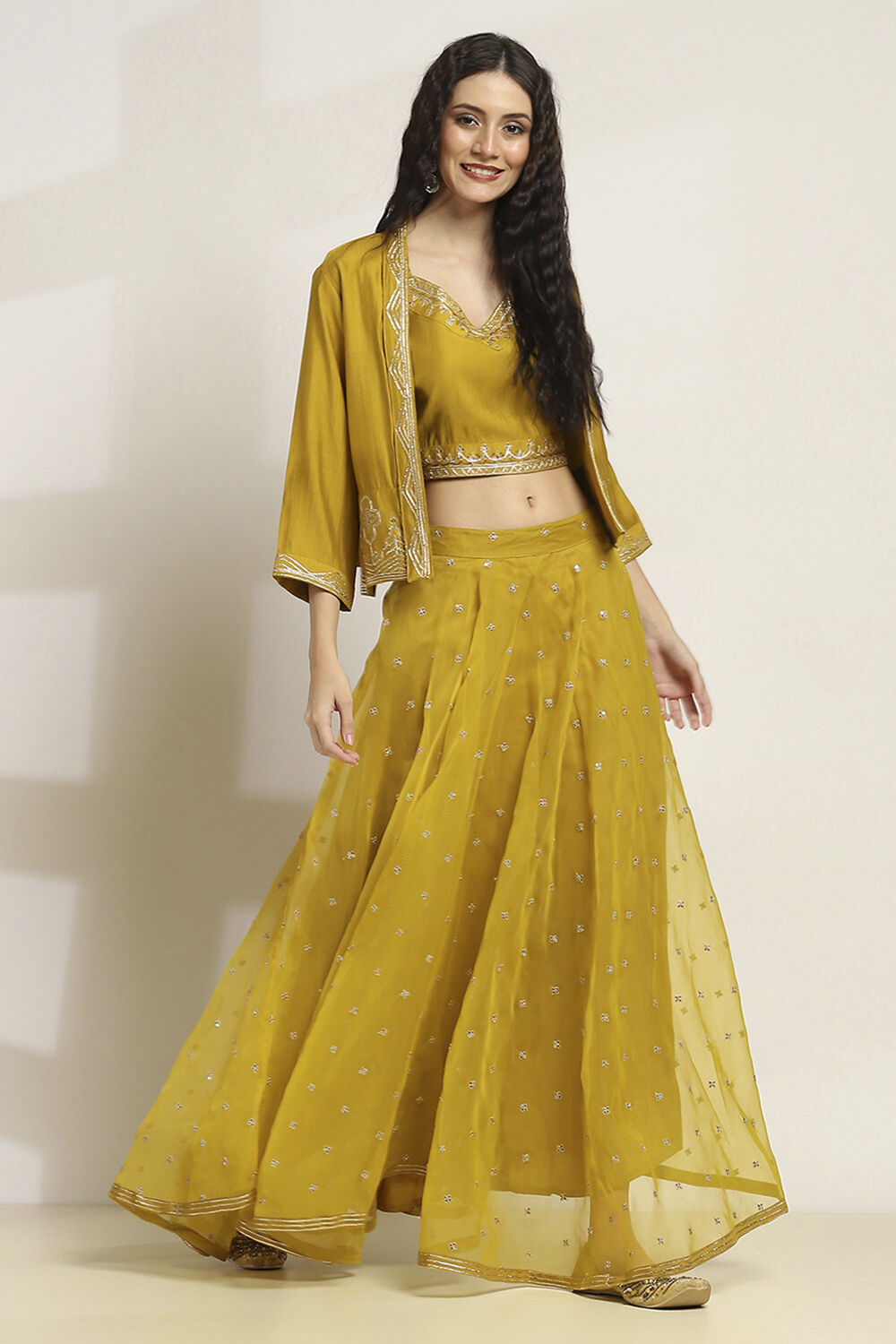 Yellow Viscose Blend A-Line Solid Top Lehanga Lehenga image number 5