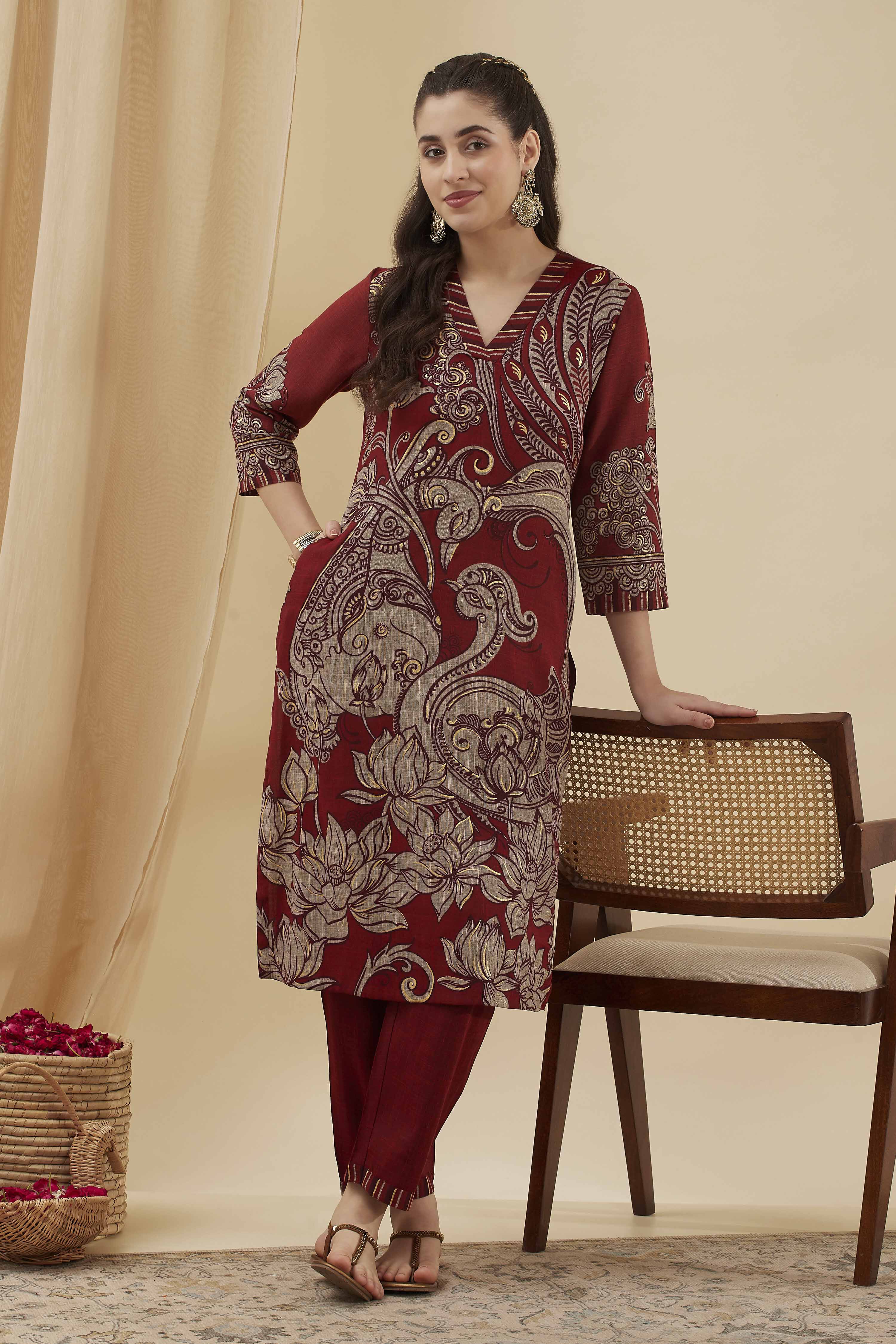 Rust Viscose Blend Straight Printed Kurta Pants Set image number 0