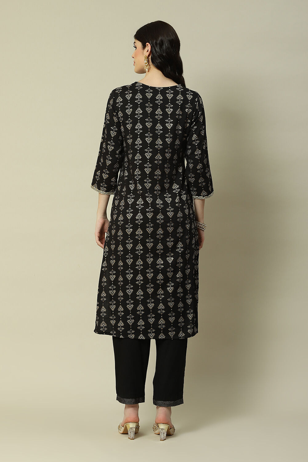 Black Cotton Blend Straight Printed Kurta Palazzo Suit Set image number 4
