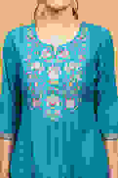 Teal Blue Pleated Straight Suit Set image number 1