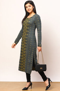 Grey Jacquard Straight Kurta image number 0