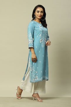 Blue LIVA Straight Printed Kurta image number 4