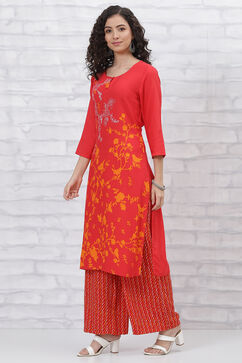 Red Viscose Straight  Kurta Pants Set image number 3