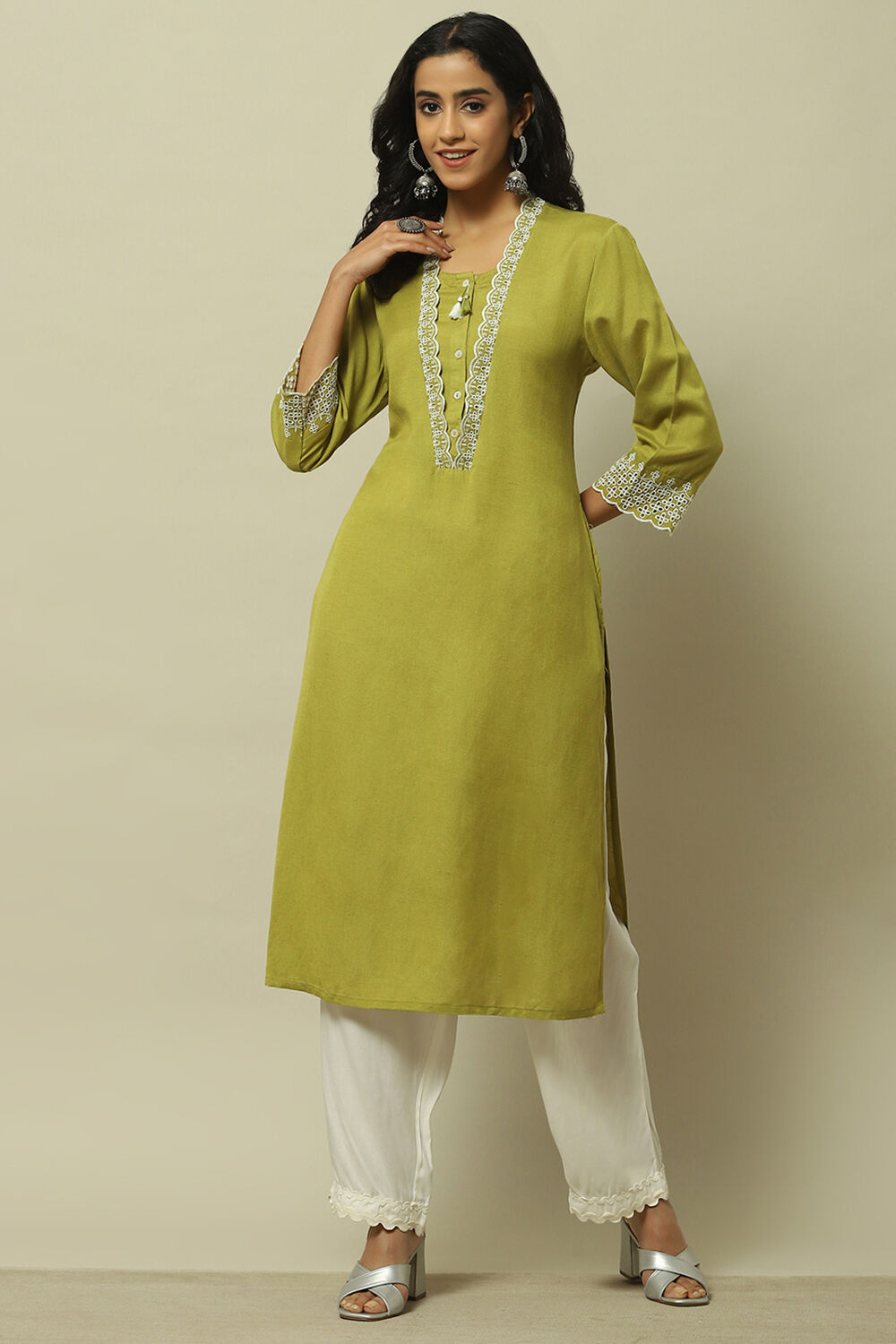 Lime Green Solid Straight Kurta image number 0