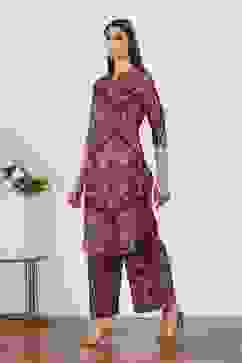 Red Viscose Polyester Viscose Rayon Kurta Pants Set image number 3