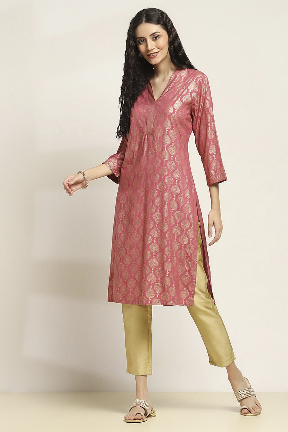 Pink Viscose Blend Printed Straight Kurta image number 2