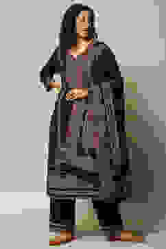 Black Poly Viscose Straight Yarndyed Kurta Palazzo Suit Set image number 0