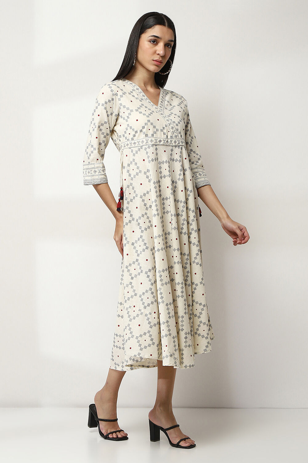 Off-White Cotton Printed Flared Dress image number 4