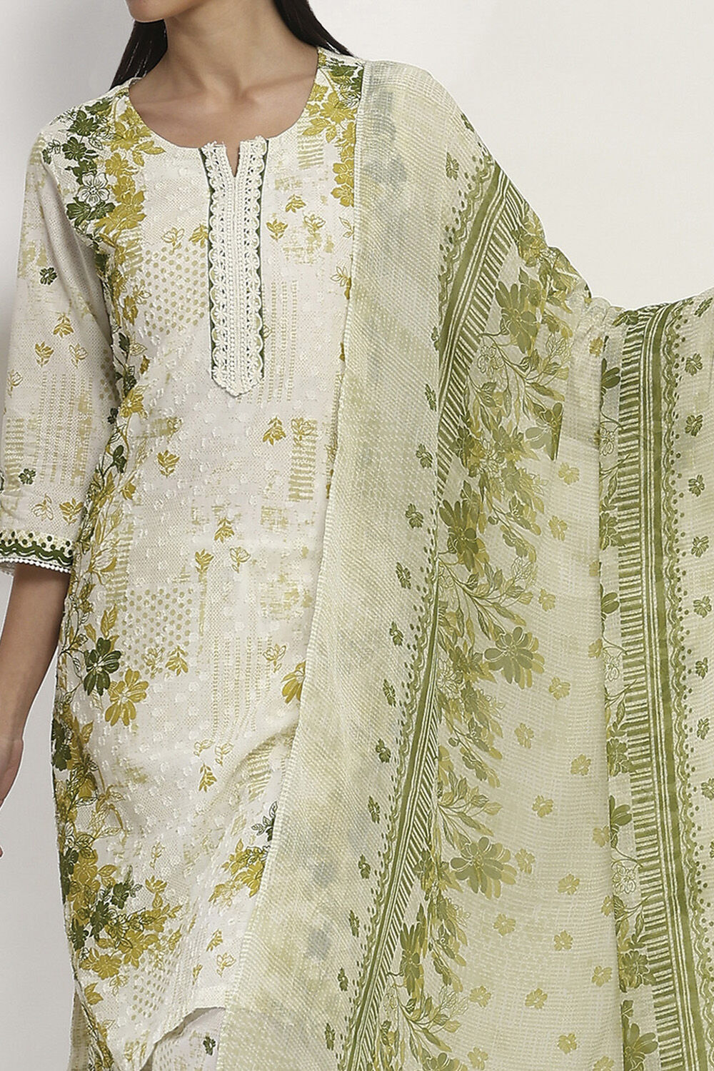 Lime Green Cotton Printed Straight Suit Set image number 1