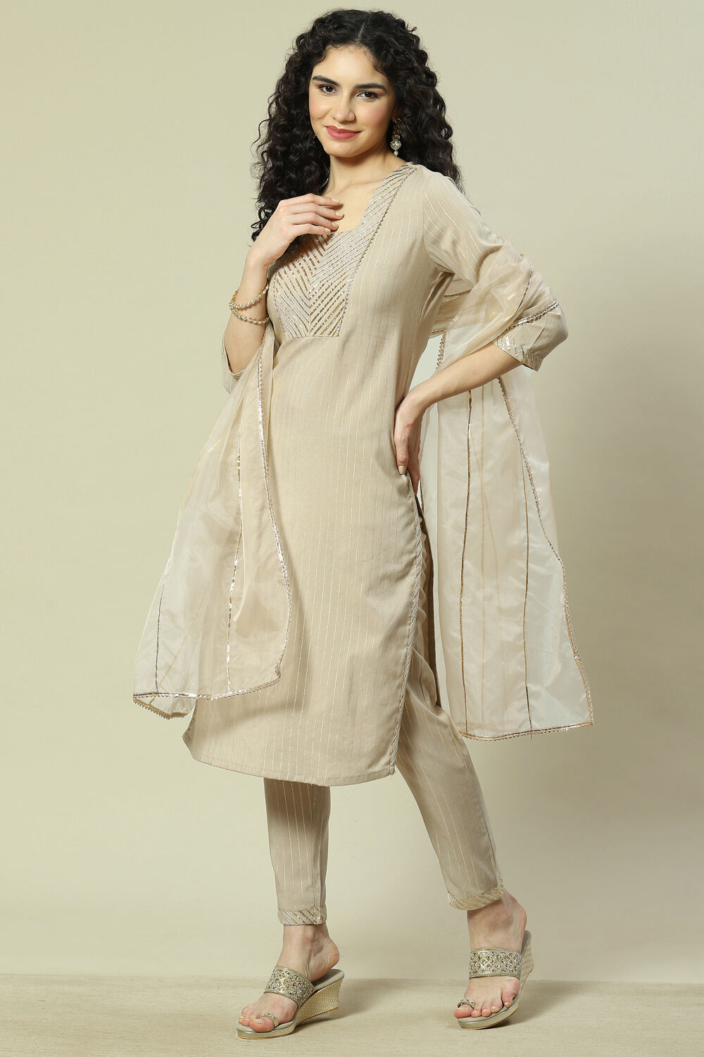 Beige Viscose Woven Straight Kurta Suit Set image number 5