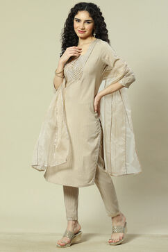 Beige Viscose Woven Straight Kurta Suit Set image number 5