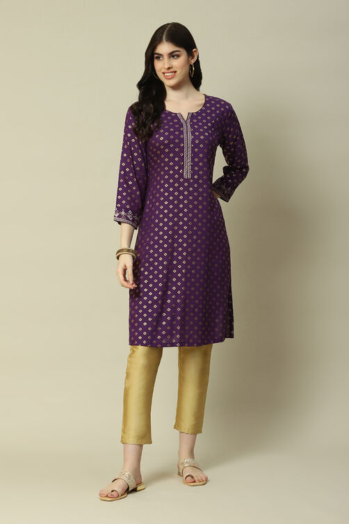 Purple Viscose Straight Printed Kurta image number 5