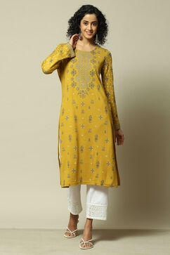 Yellow Acrylic Straight Printed Kurta image number 0