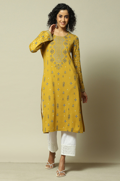 Yellow Acrylic Straight Printed Kurta image number 0