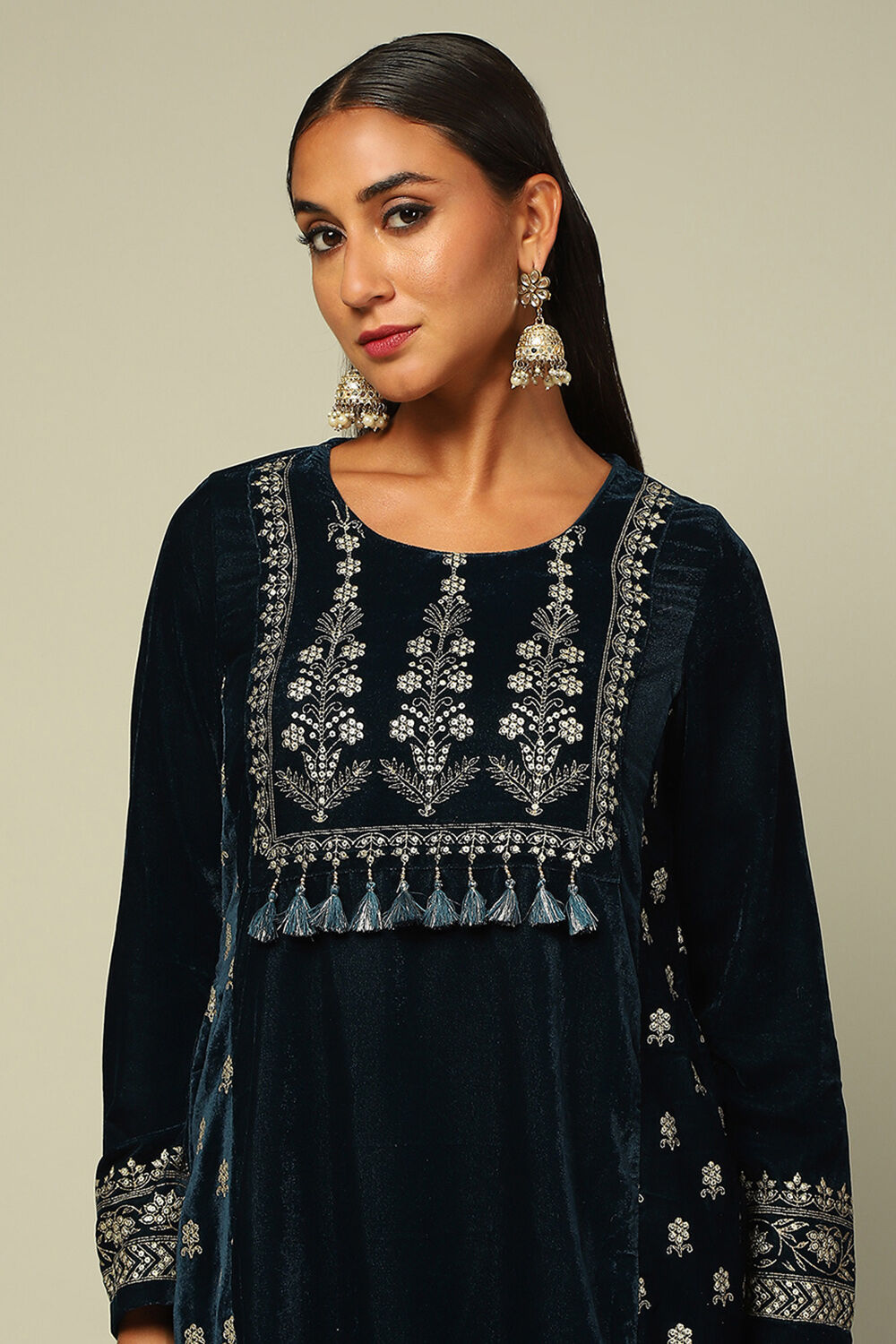 Teal Blue Poly Velvet A-Line Printed Kurta Salwar Suit Set image number 1