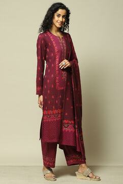 Wine Cotton Blend Straight Printed Kurta Palazzo Suit Set image number 6