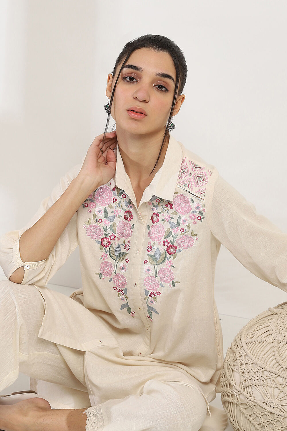 Ivory Cotton Blend Straight Kurta image number 7