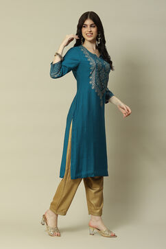 Aqua Blue LIVA  Straight Printed Kurta image number 3