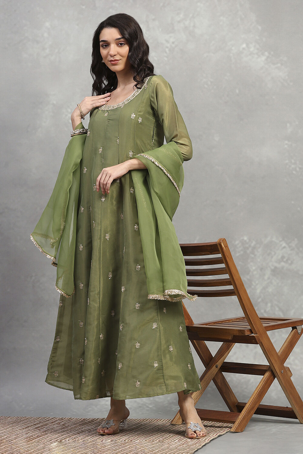 Green Tissue Solid Anarkali Dress image number 0