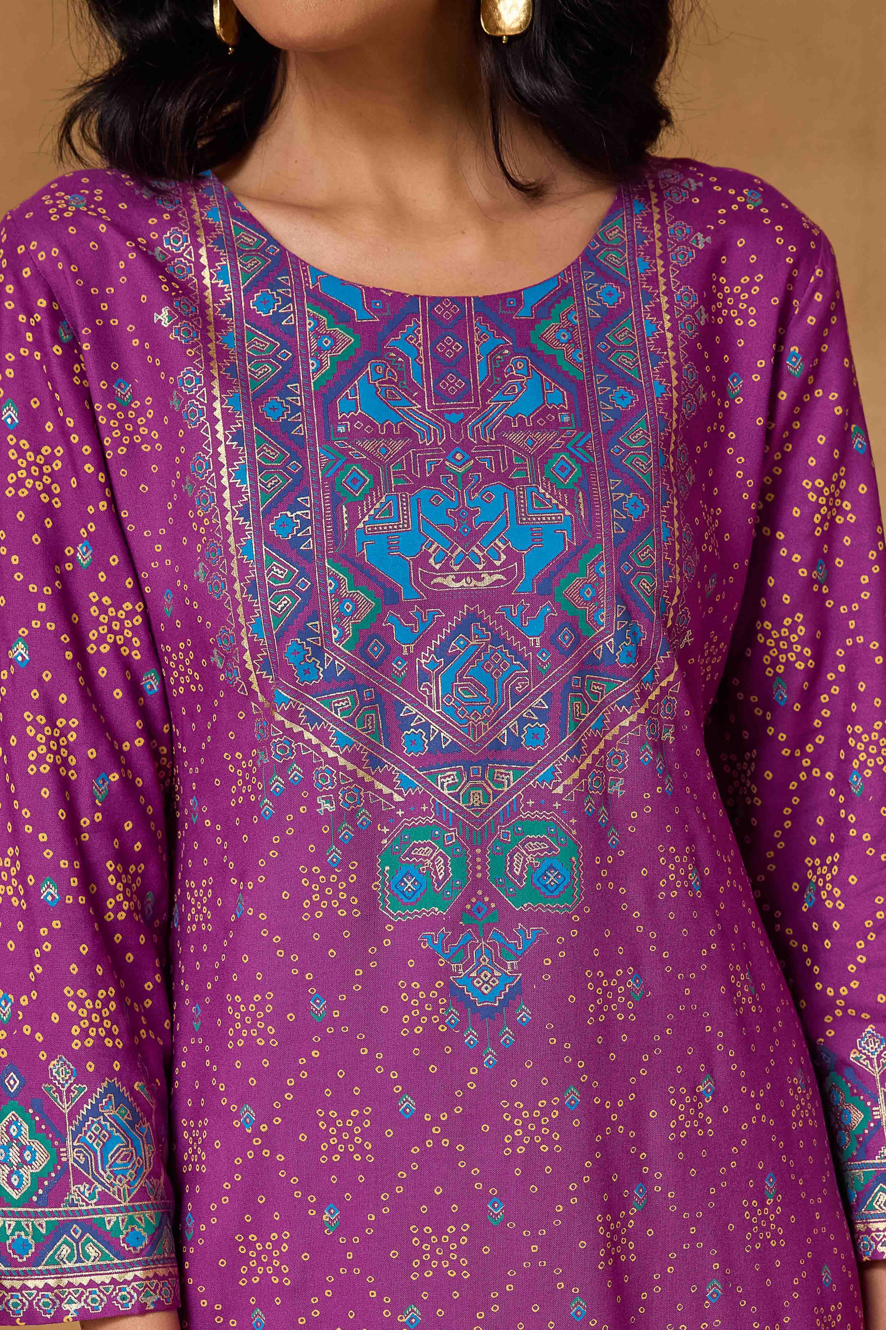 Purple Viscose Rayon Straight Printed Kurta Pants Set image number 1