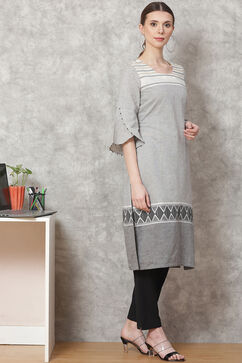 Grey Poly Cotton Straight Kurta image number 3