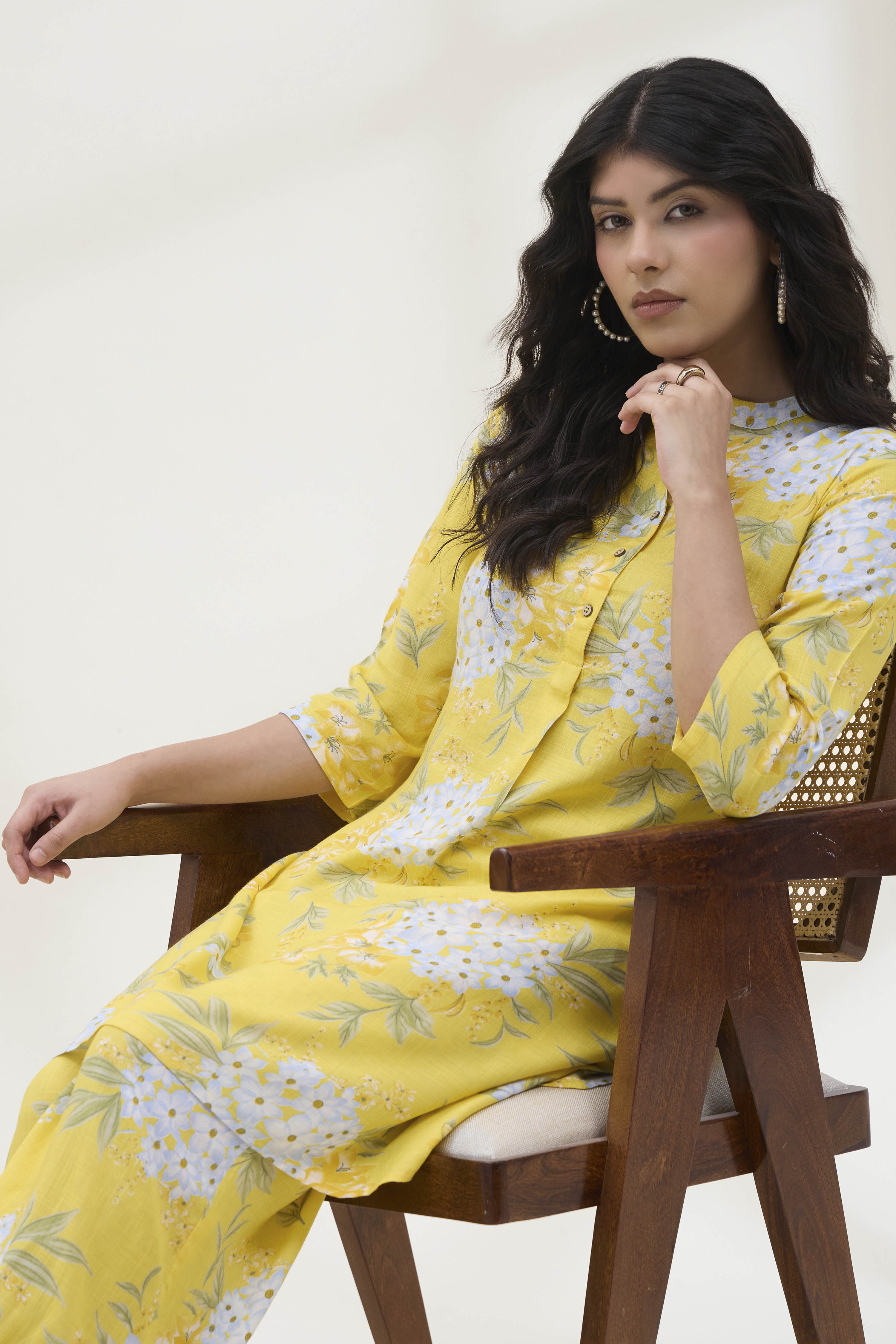 Yellow Viscose Rayon Straight Printed  image number 1