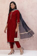 Maroon Velvet Straight Suit Set image number 0
