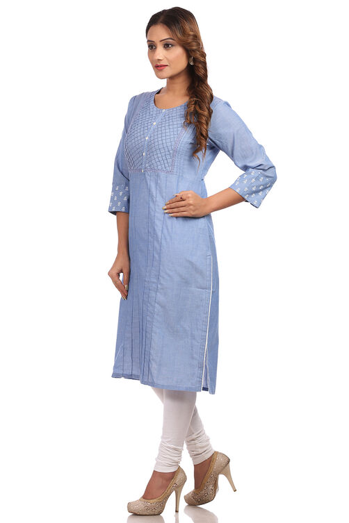 Blue Straight Cotton Kurta image number 2