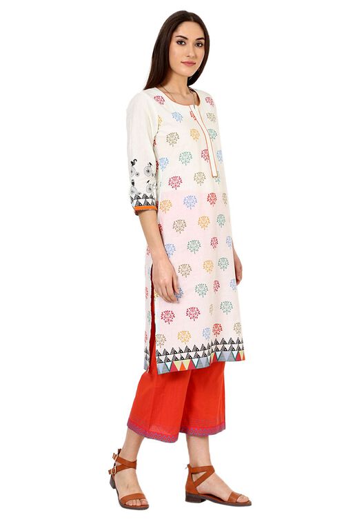 Beige Straight Cotton Kurta image number 3