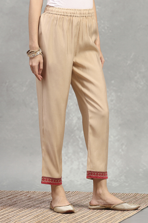 Gold Viscose Blend Solid Straight Pants image number 3