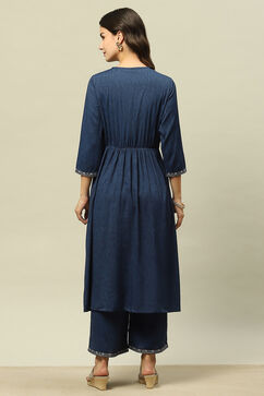Blue Viscose Blend Gathered Yarn Dyed Kurta Palazzo Suit Set image number 4