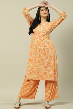 Orange LIVA Woven Straight Kurta Suit Set image number 0