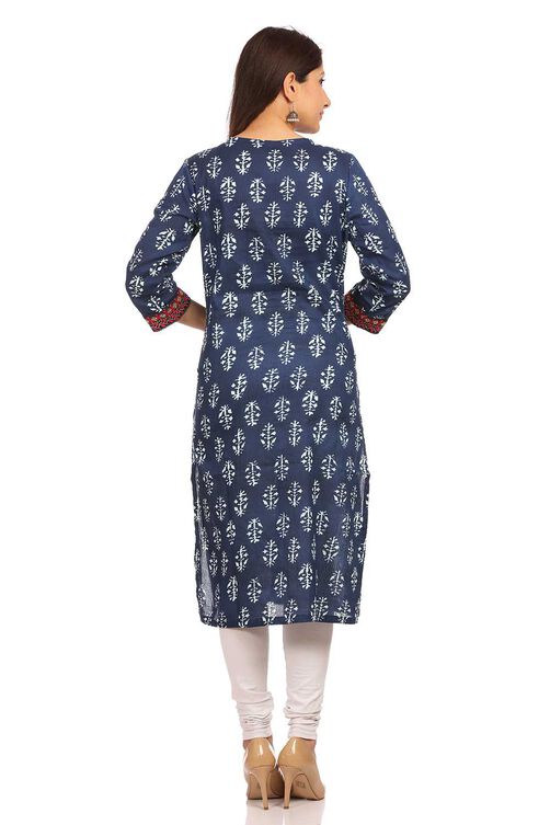 Indigo Straight Cotton Kurta image number 3