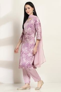 Mauve Cotton Floral Straight Suit Set image number 3