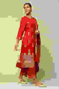 Red Acrylic Straight Yarn Dyed Kurta Palazzo Suit Set image number 5