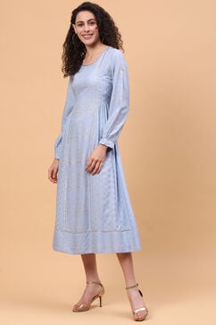 Blue Viscose Rayon Flared Dress image number 2