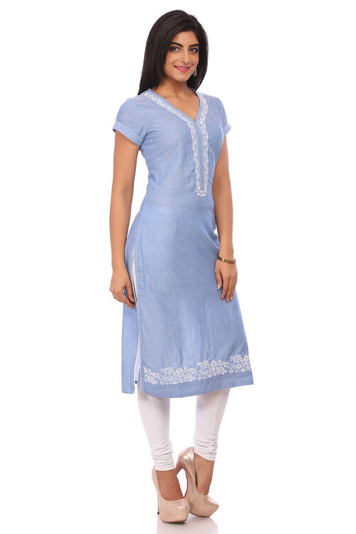 Blue Cotton Straight Kurta image number 2