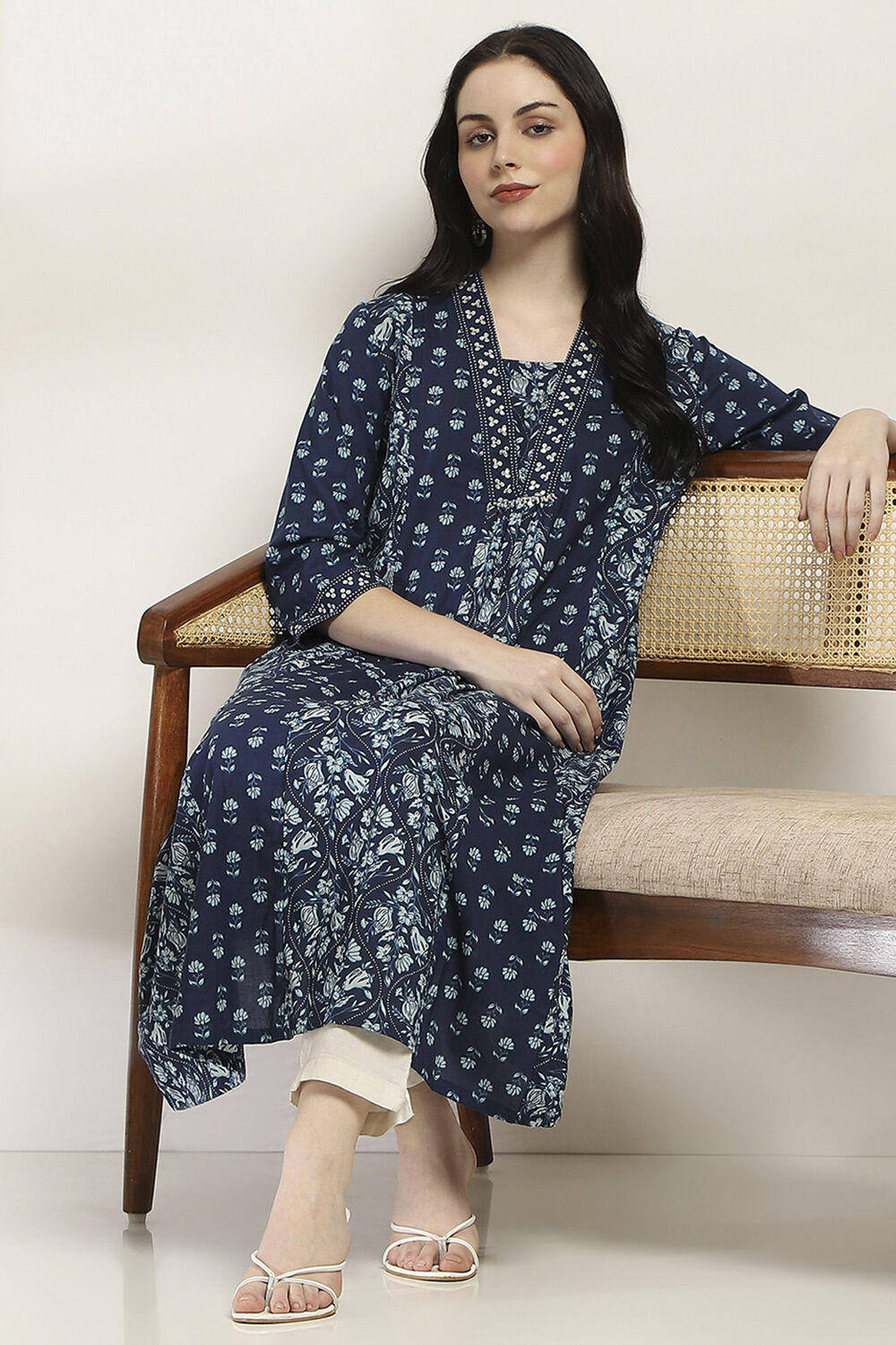 Indigo Cotton Printed A-Line Kurta image number 0