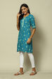 Teal Blue Viscose Straight Printed Kurta image number 2