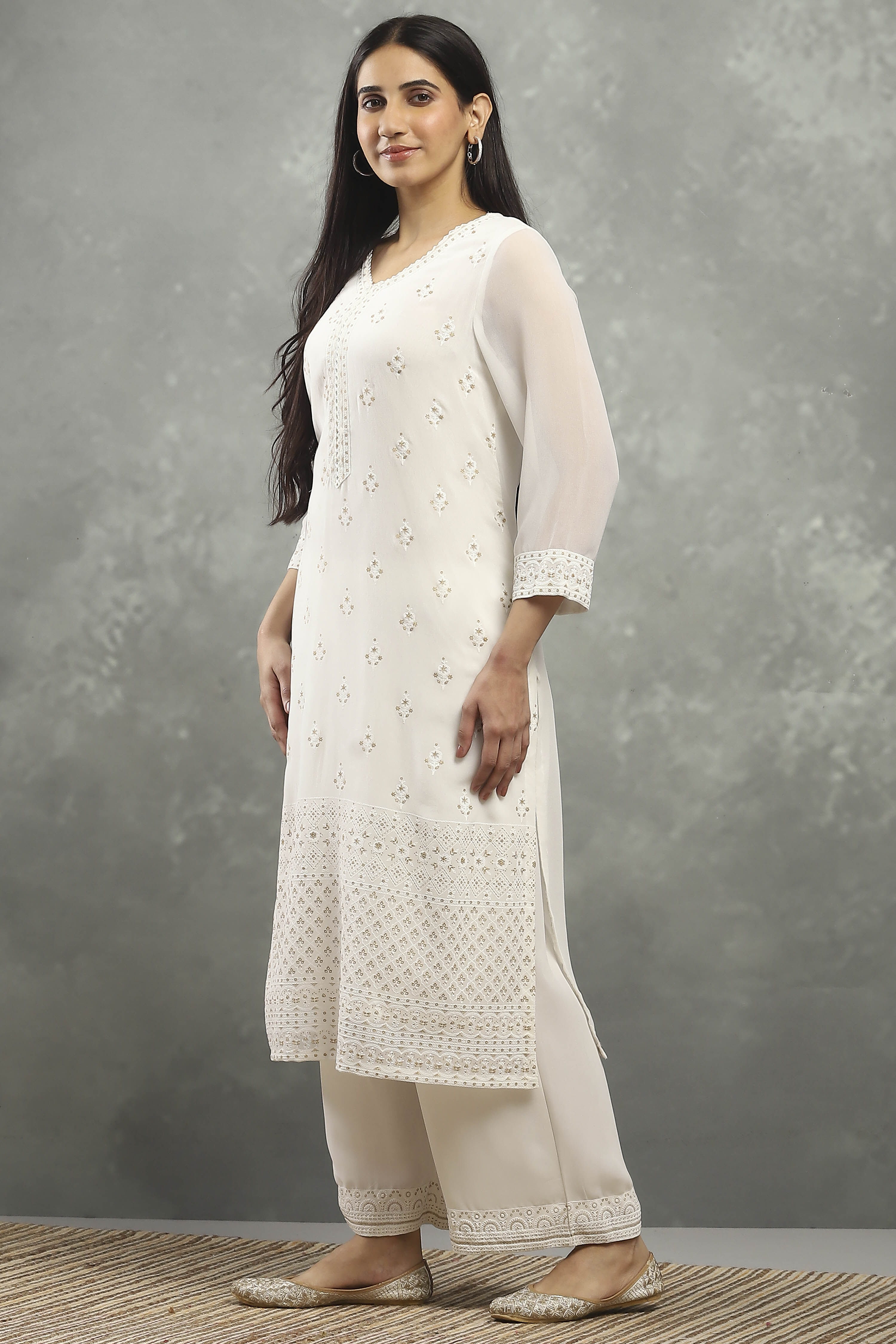 White Polyester Straight Kurta Pants Set image number 3