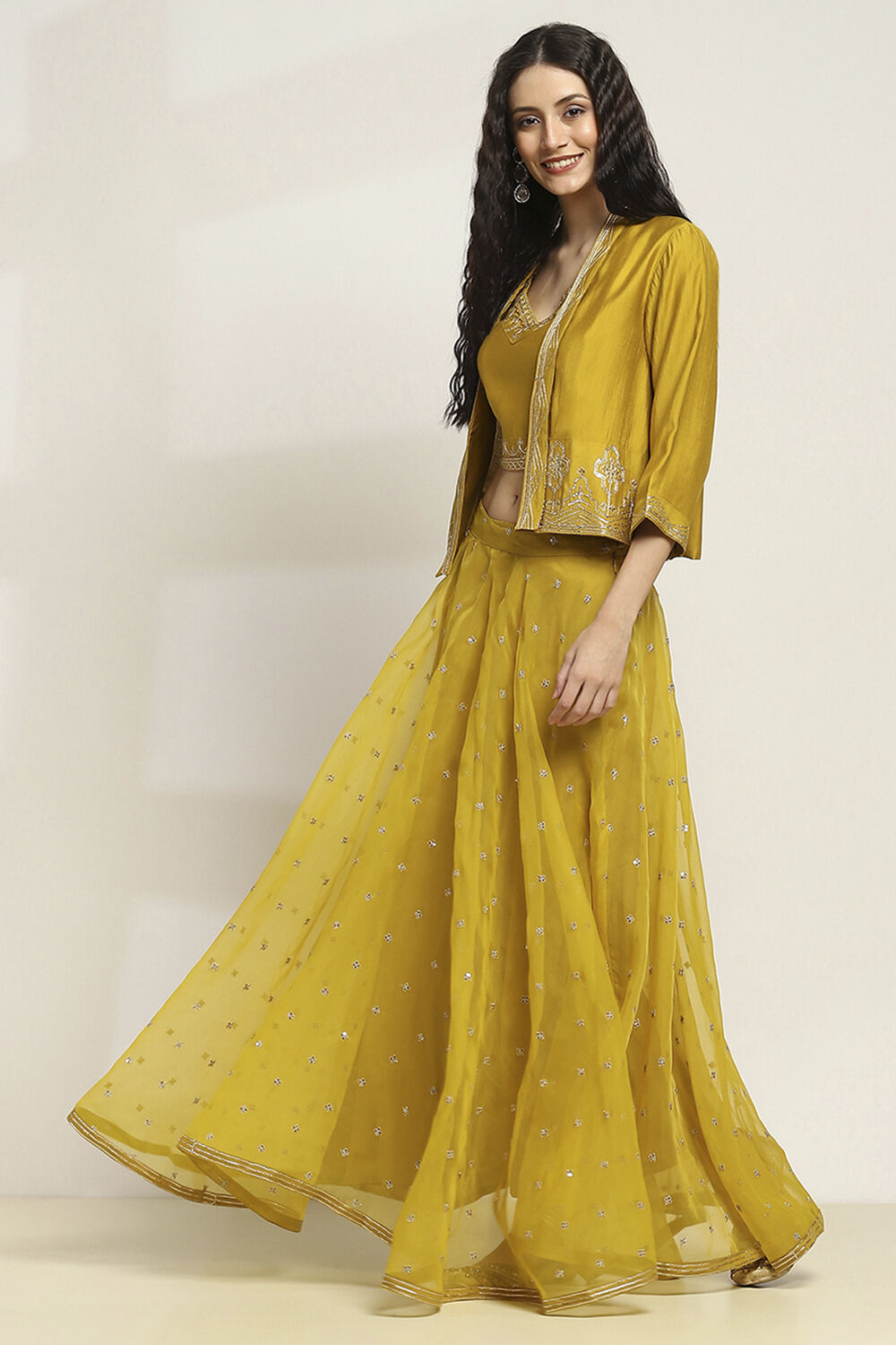 Yellow Viscose Blend A-Line Solid Top Lehanga Lehenga image number 3