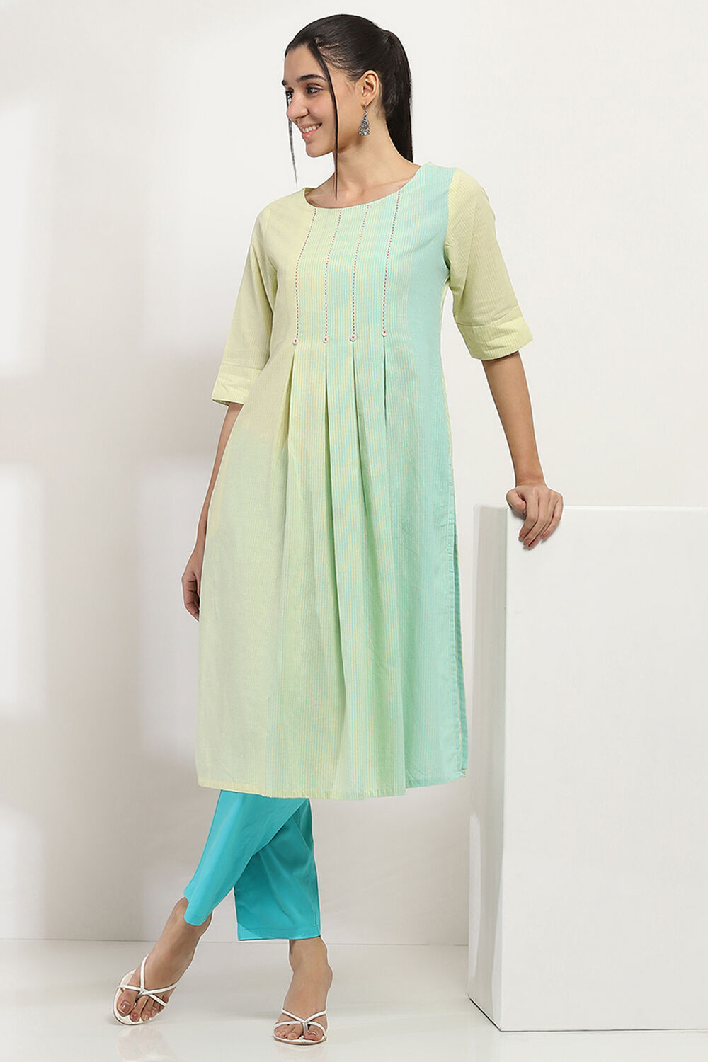 Lime Green Cotton Pleated Straight Kurta image number 0