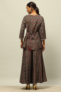 Blue Viscose Blend A-Line Printed Kurta Palazzo Suit Set image number 4