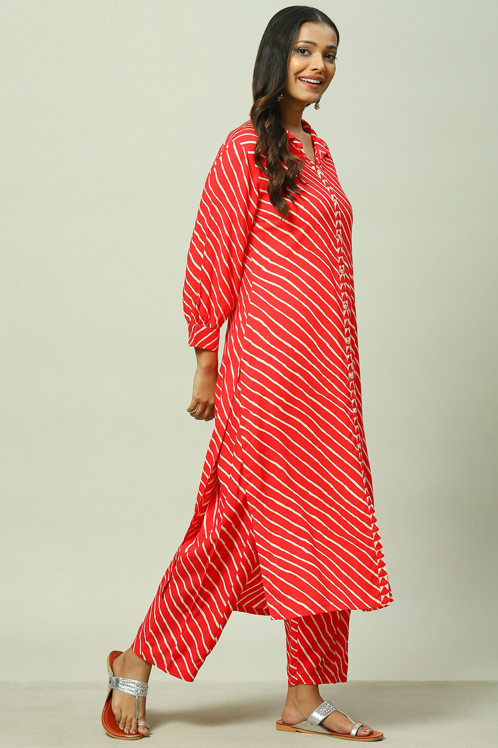 Red Striped Straight Kurta Set image number 5