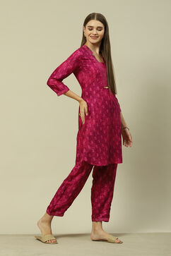 Pink LIVA Straight Printed Kurta Palazzo Suit Set image number 3