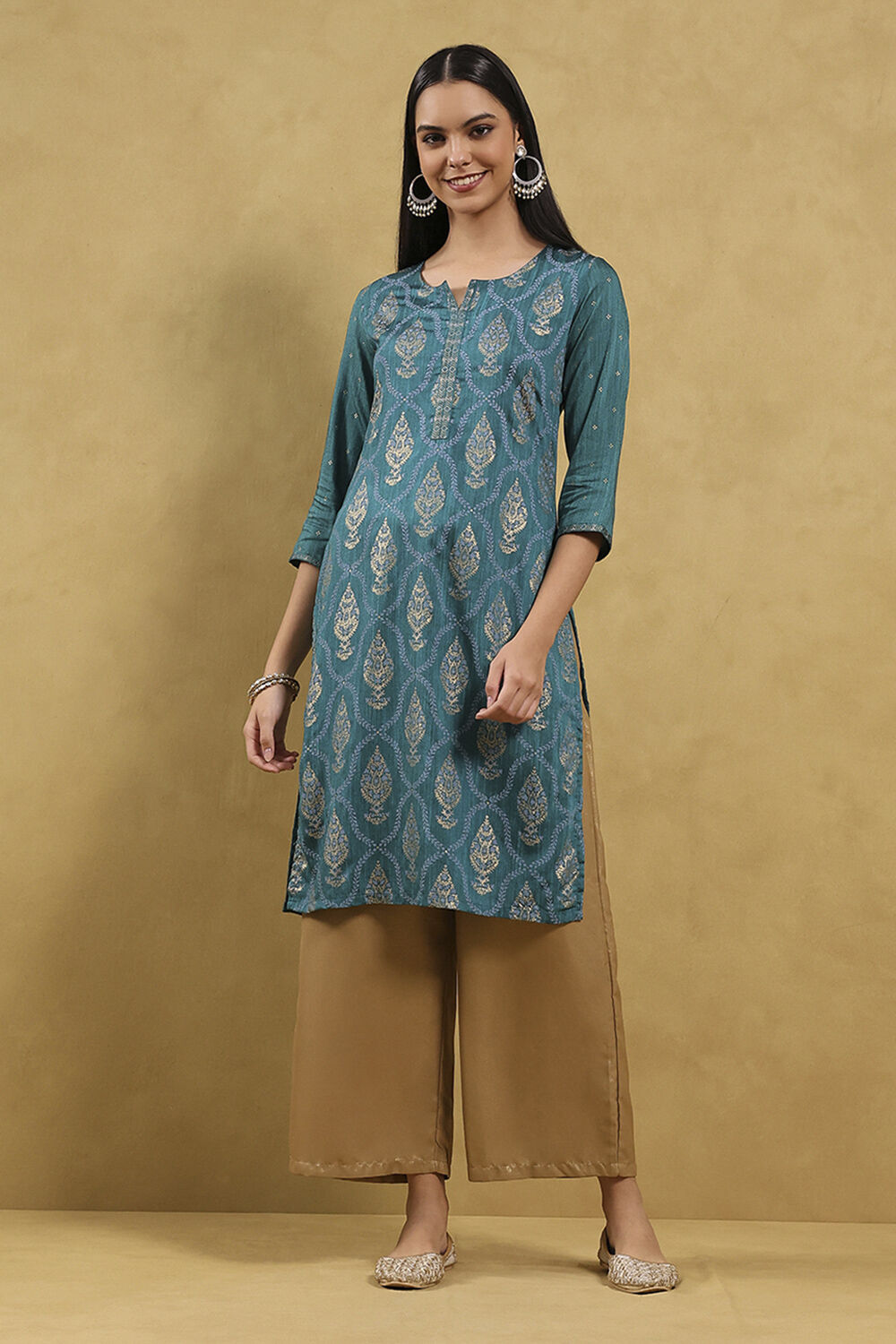 Teal Blue Printed Straight Kurta image number 5