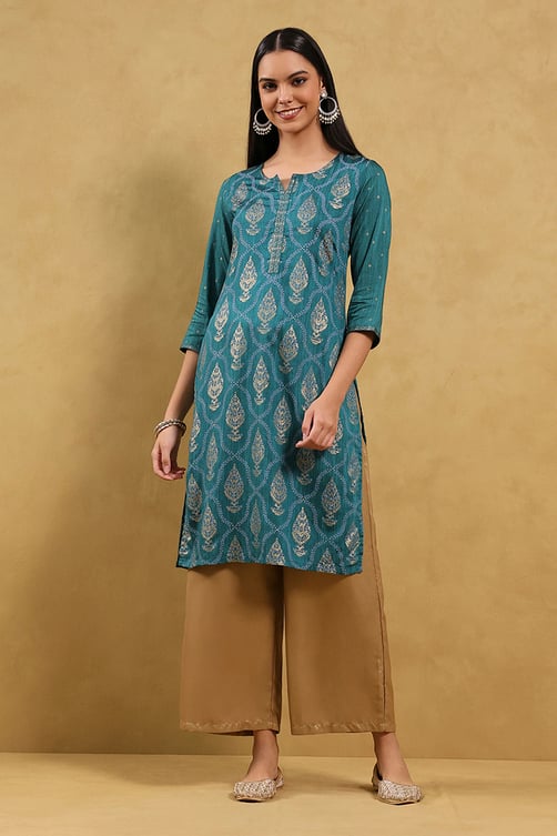 Teal Blue Printed Straight Kurta image number 5
