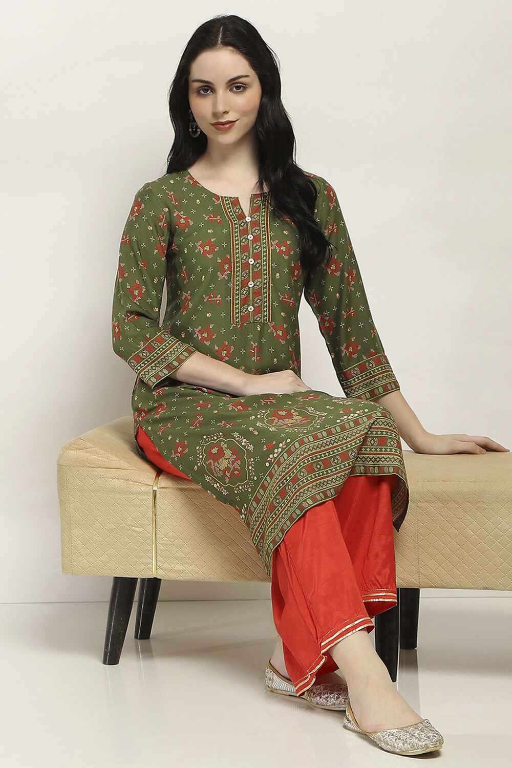 Olive Green Printed Straight Kurta image number 0