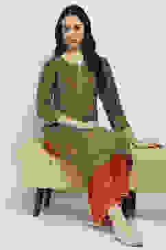 Olive Green Printed Straight Kurta image number 0