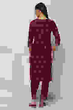 Maroon Cotton Printed Straight Kurta image number 3